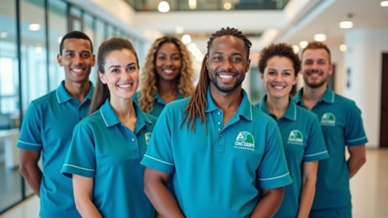 Group photo of ASM Cleaning Limited staff in uniform, smiling and looking professional.