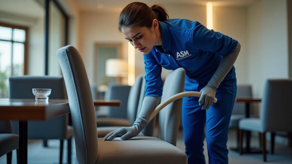 A technician deep cleaning the fabric seats of dining room chairs around a large dining table.