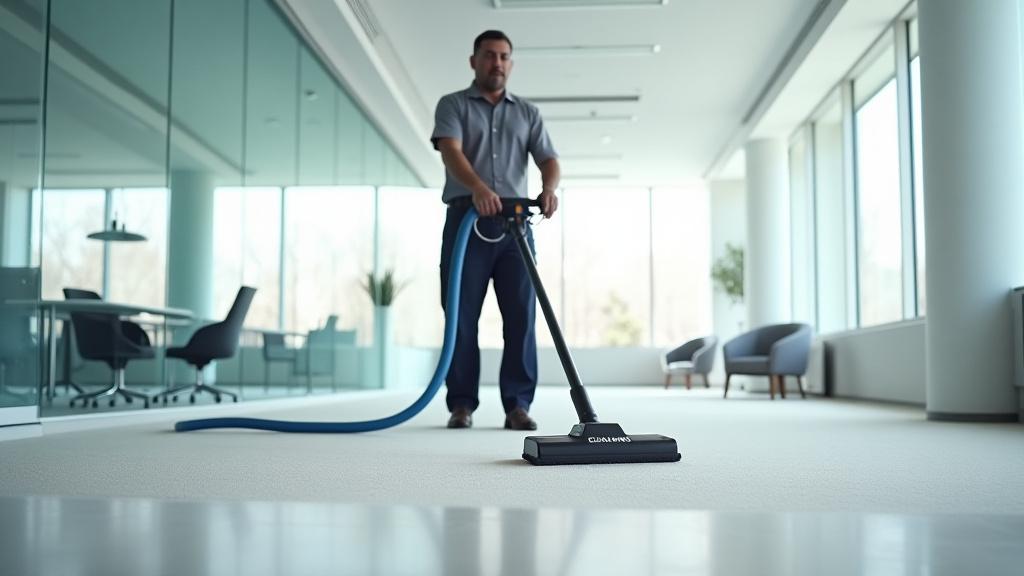A cleaning technician professionally steam cleaning a large, plush office carpet in a corporate setting.
