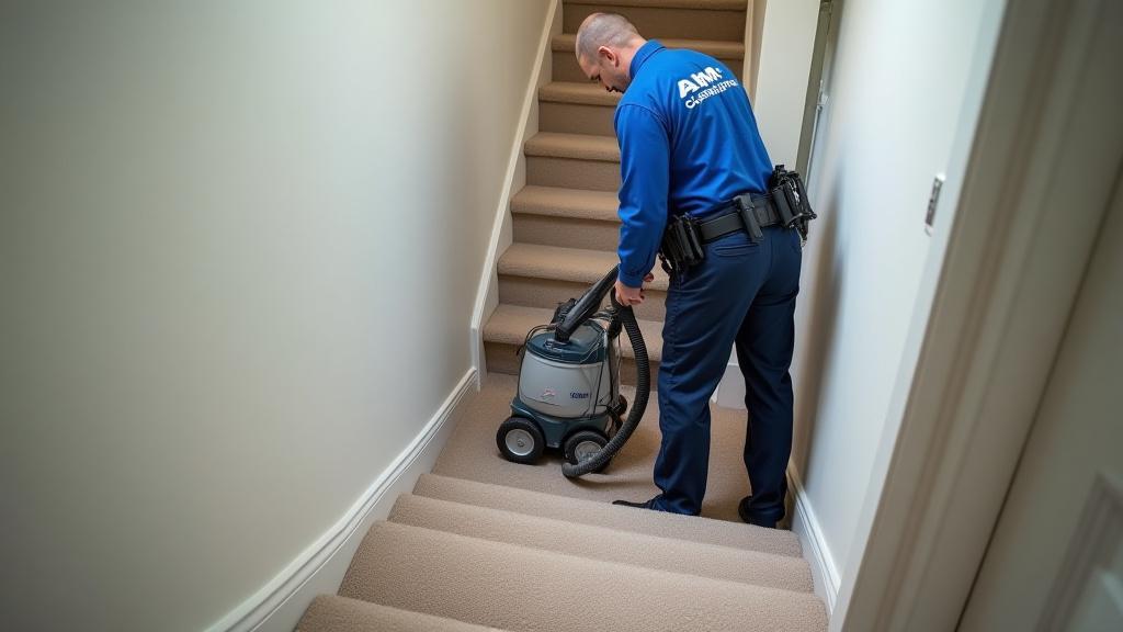 A cleaning professional using specialized equipment to deep clean the carpet on a residential stairwell.