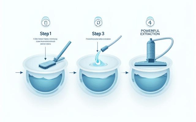 Diagram illustrating the hot water extraction cleaning process: pre-spray, agitate, inject hot water and solution, then powerful vacuum extraction of dirt and moisture.