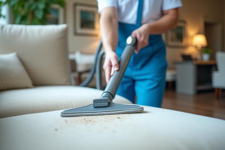 Professional cleaner meticulously steam cleaning a light-colored sofa, making it look new.