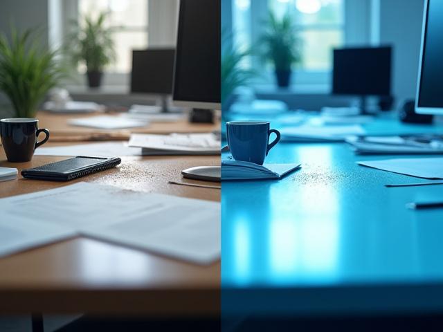 Before and after of a messy office desk transformed into a pristine workspace