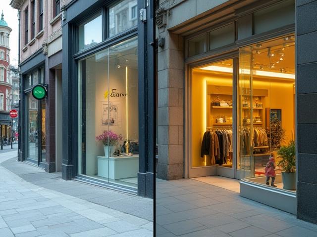 Before and after of a smudged retail storefront now crystal clear and inviting