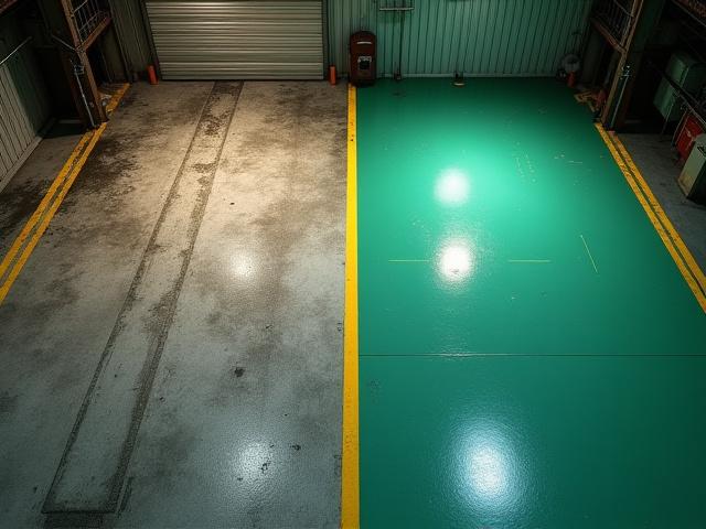 Before and after of a dusty warehouse floor made spotless and gleaming