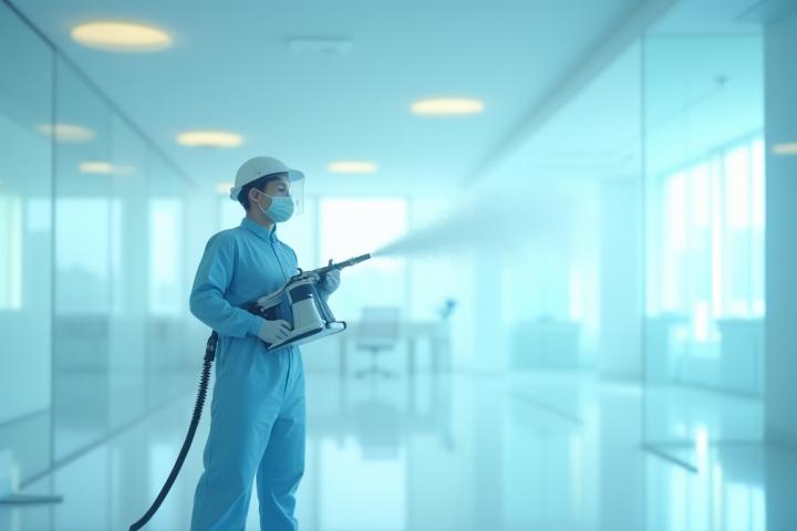 Professional technician in PPE using an electrostatic sprayer to disinfect an office environment, demonstrating post-COVID cleaning and sanitization.