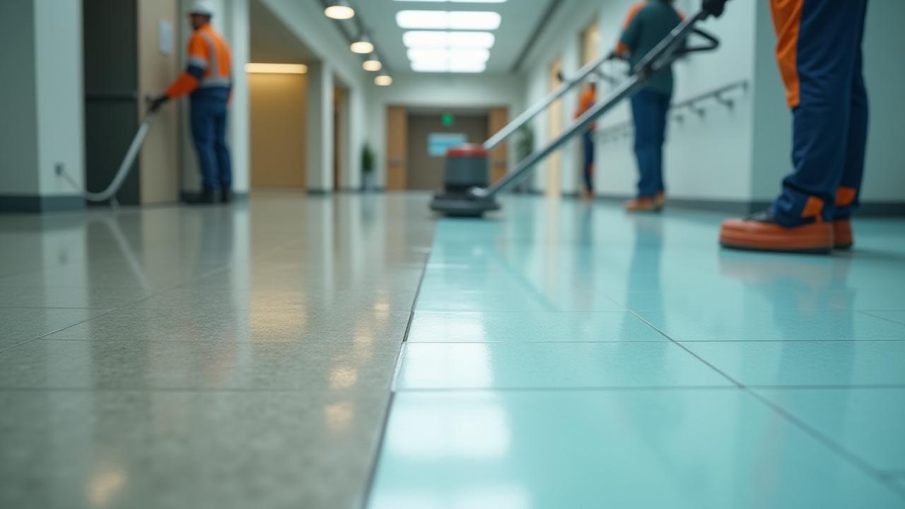 Professional cleaning staff meticulously cleaning a polished floor, half of which is gleaming and the other half showing dirt.
