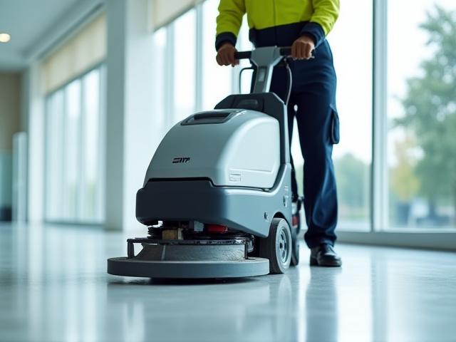 ASM Cleaning team member expertly operating a professional, high-performance floor buffer on a commercial floor.