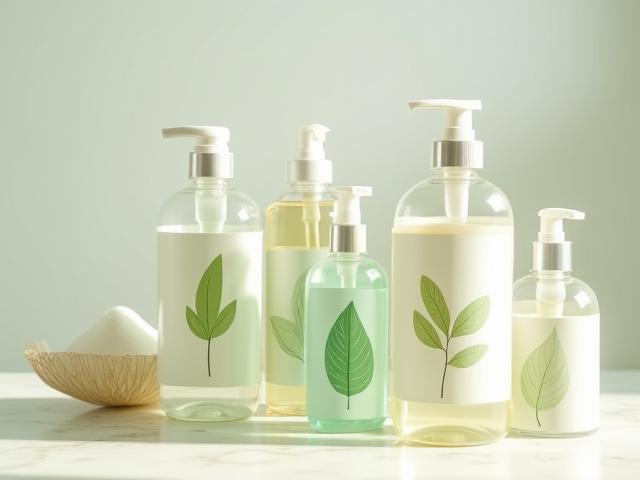 Neatly arranged eco-friendly cleaning bottles on a clean surface