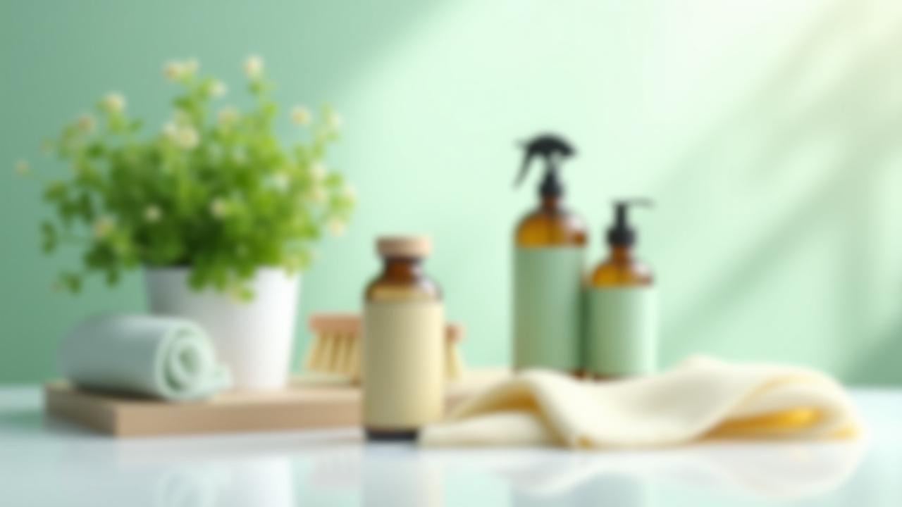 Sparkling clean surface with green cleaning products and a healthy plant, symbolising eco-friendly cleaning