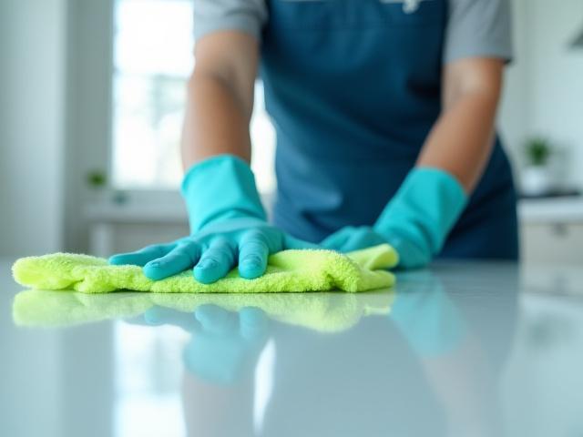 Professional cleaner using color-coded microfiber cloths for hygiene