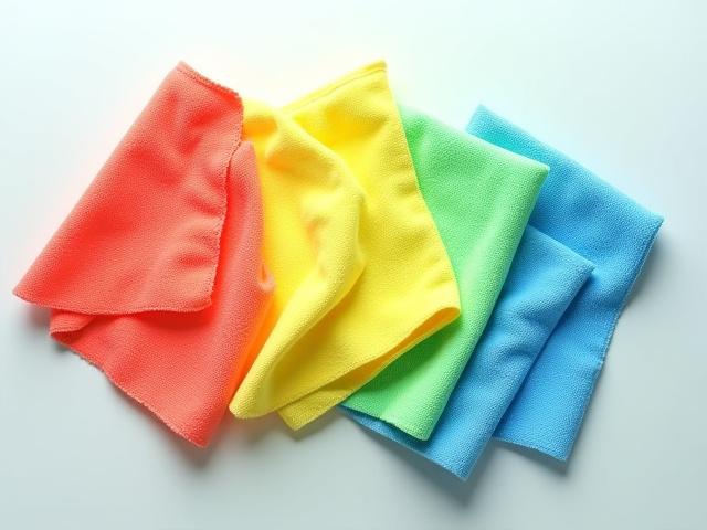 Close-up of color-coded microfiber cloths: red, yellow, green, blue, neatly stacked or fanned out.
