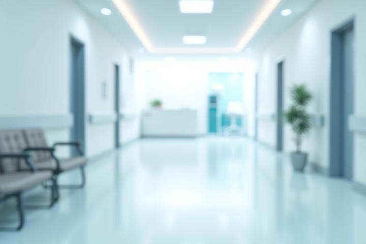Pristine healthcare facility hallway with soft lighting